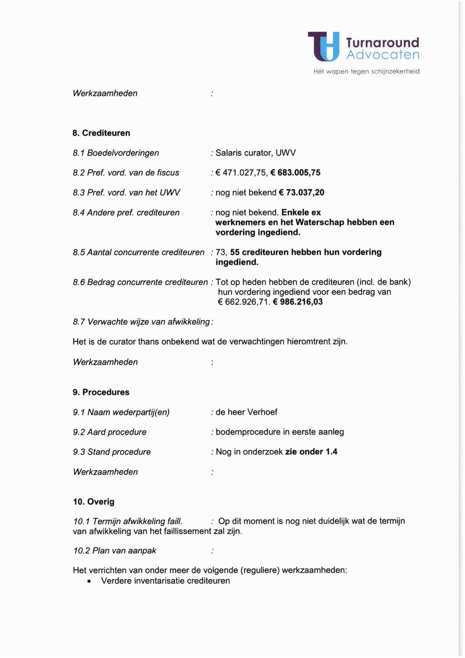 de bank) hun vordering ingediend voor een bedrag van 662.926,71. 986.216,03 8.7 Verwachte wijze van afwikkeling: Het is de curator thans onbekend wat de verwachtingen hieromtrent zijn. 9. Procedures 9.