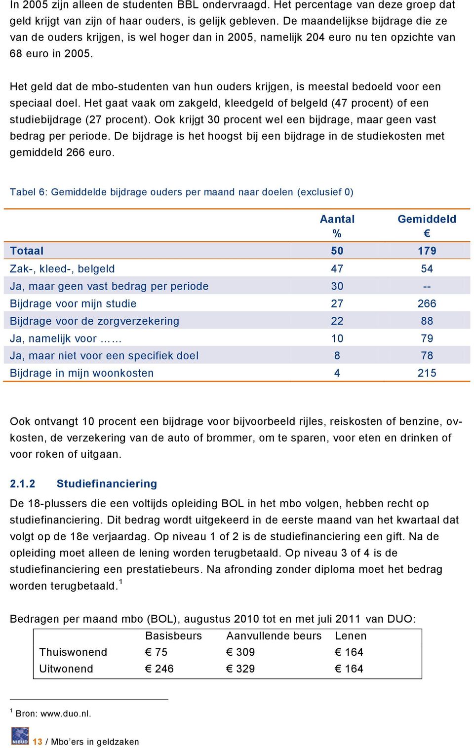 Het geld dat de mbo-studenten van hun ouders krijgen, is meestal bedoeld voor een speciaal doel. Het gaat vaak om zakgeld, kleedgeld of belgeld (47 procent) of een studiebijdrage (27 procent).