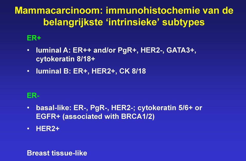 8/18+ luminal B: ER+, HER2+, CK 8/18 ER- basal-like: ER-, PgR-, HER2-;