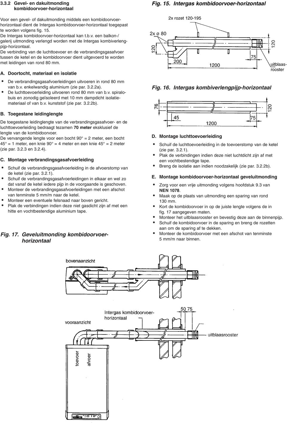 De verbinding van de luchttoevoer en de verbrandingsgasafvoer tussen de ketel en de kombidoorvoer dient uitgevoerd te worden met leidingen van rond 80 mm. Fig. 15.