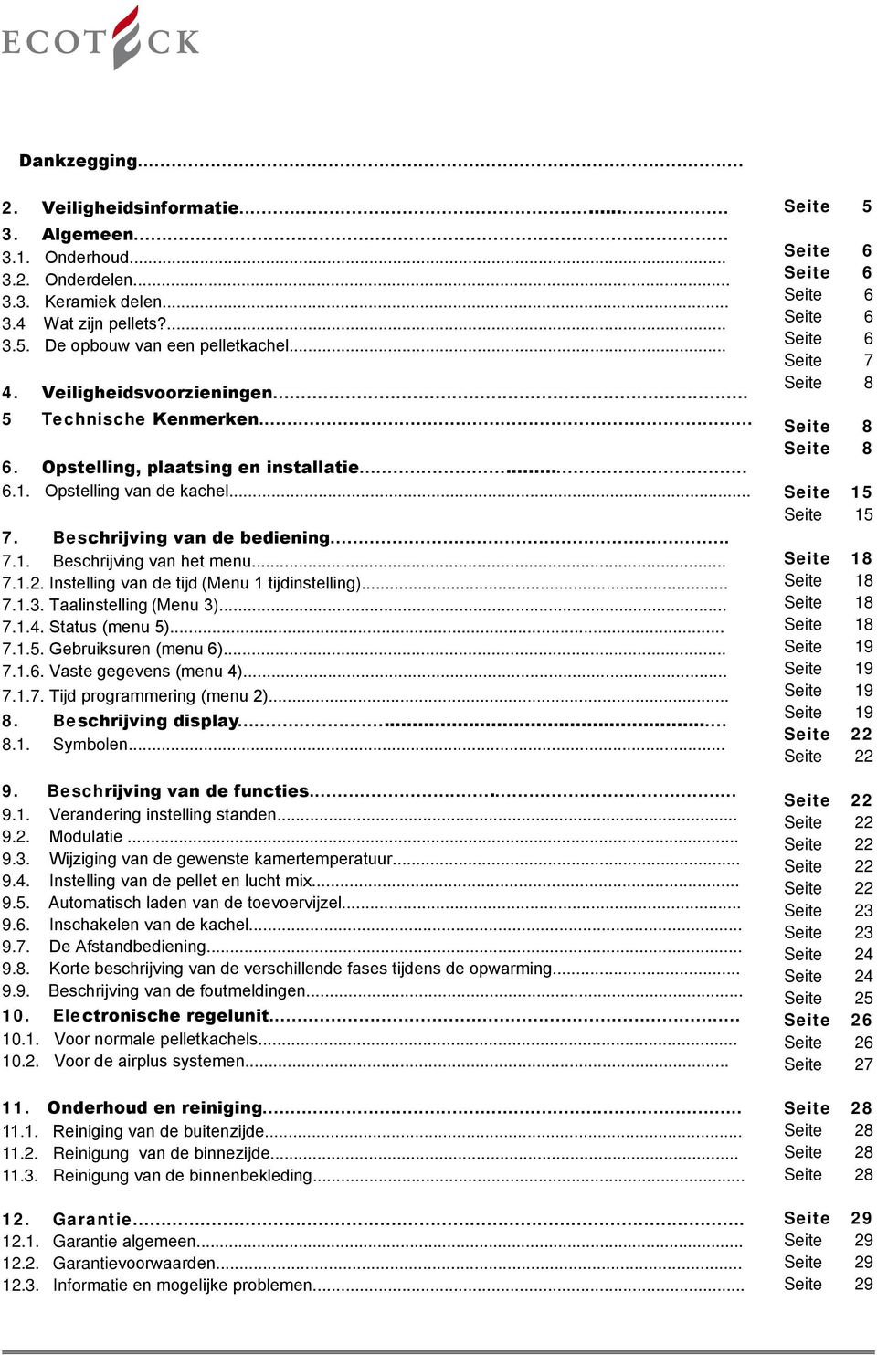 Instelling van de tijd (Menu 1 tijdinstelling)... 7.1.3. Taalinstelling (Menu 3)... 7.1.4. Status (menu 5)... 7.1.5. Gebruiksuren (menu 6)... 7.1.6. Vaste gegevens (menu 4)... 7.1.7. Tijd programmering (menu 2).