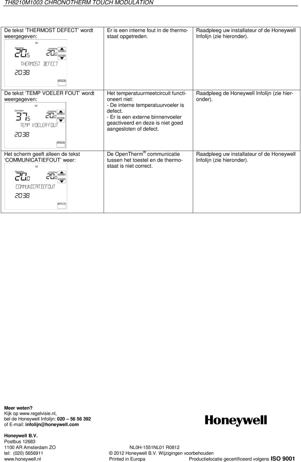 - Er is een externe binnenvoeler geactiveerd en deze is niet goed aangesloten of defect. Raadpleeg de Honeywell Infolijn (zie hieronder).