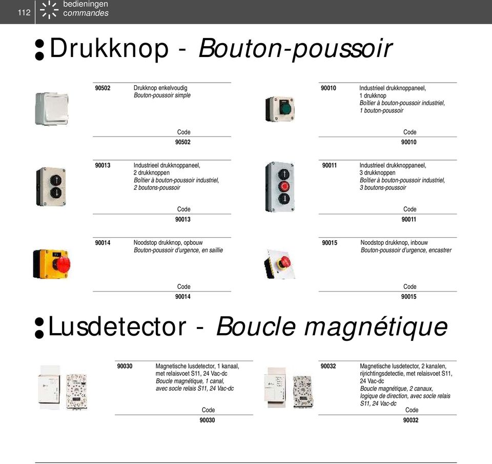 bouton-poussoir industriel, 3 boutons-poussoir 90013 90011 90014 Noodstop drukknop, opbouw Bouton-poussoir d urgence, en saillie 90015 Noodstop drukknop, inbouw Bouton-poussoir d urgence, encastrer