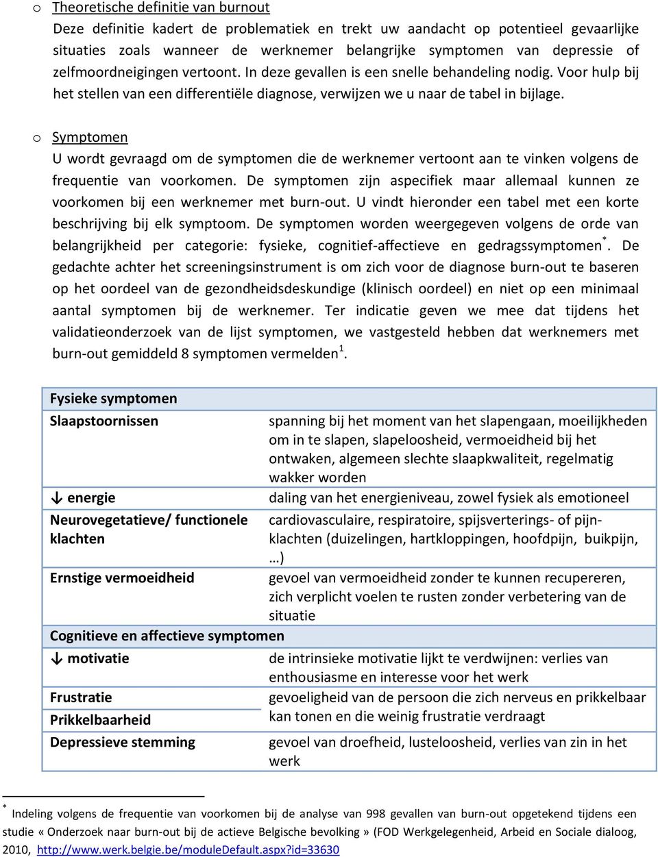 o Symptomen U wordt gevraagd om de symptomen die de werknemer vertoont aan te vinken volgens de frequentie van voorkomen.