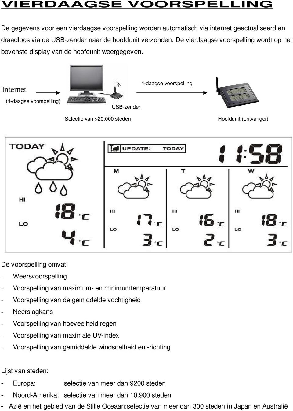 000 steden Hoofdunit (ontvanger) De voorspelling omvat: - Weersvoorspelling - Voorspelling van maximum- en minimumtemperatuur - Voorspelling van de gemiddelde vochtigheid - Neerslagkans -