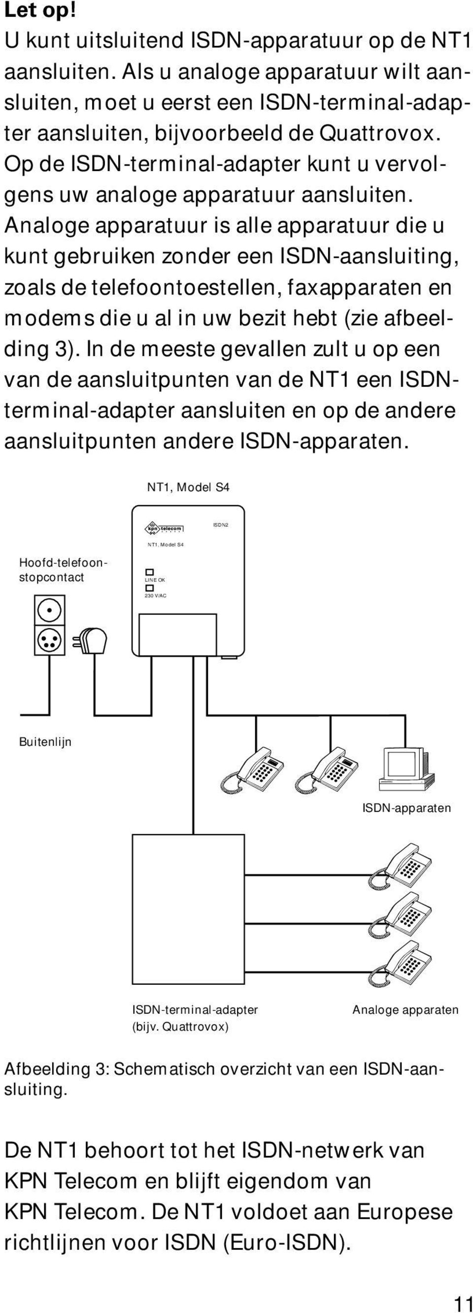 Analoge apparatuur is alle apparatuur die u kunt gebruiken zonder een ISDN-aansluiting, zoals de telefoontoestellen, faxapparaten en modems die u al in uw bezit hebt (zie afbeelding 3).