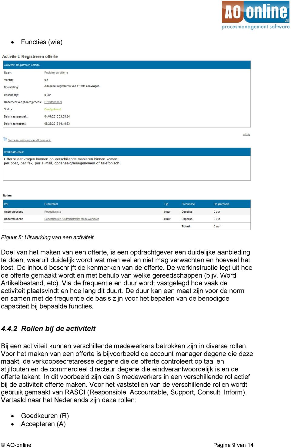 De inhoud beschrijft de kenmerken van de offerte. De werkinstructie legt uit hoe de offerte gemaakt wordt en met behulp van welke gereedschappen (bijv. Word, Artikelbestand, etc).