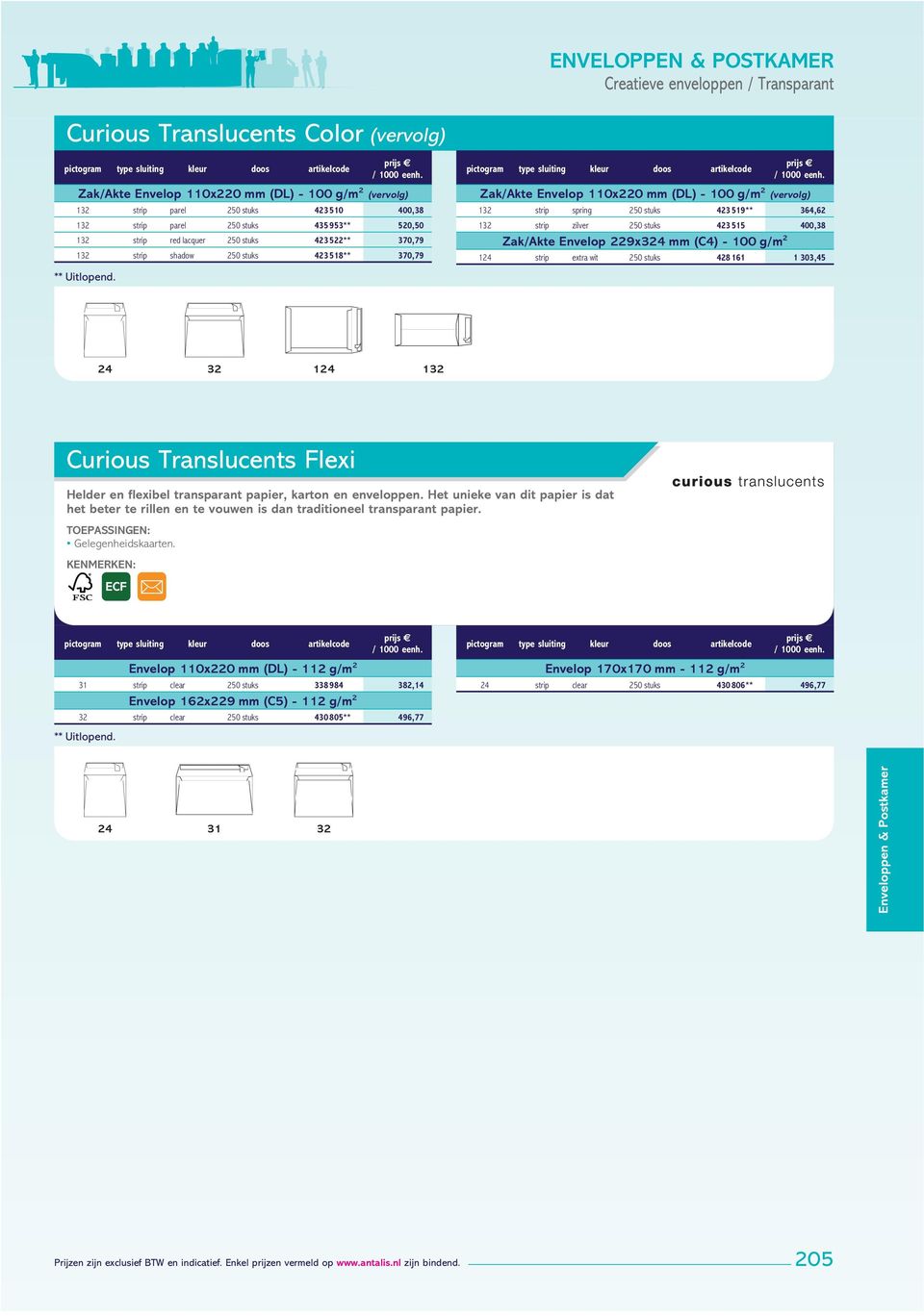 stuks 423 515 400,38 Zak/Akte Envelop 229x324 (C4) - 100 g/m 2 124 extra wit 250 stuks 428161 1 303,45 24 32 124 132 Curious Translucents Flexi Helder en flexibel transparant papier, karton en