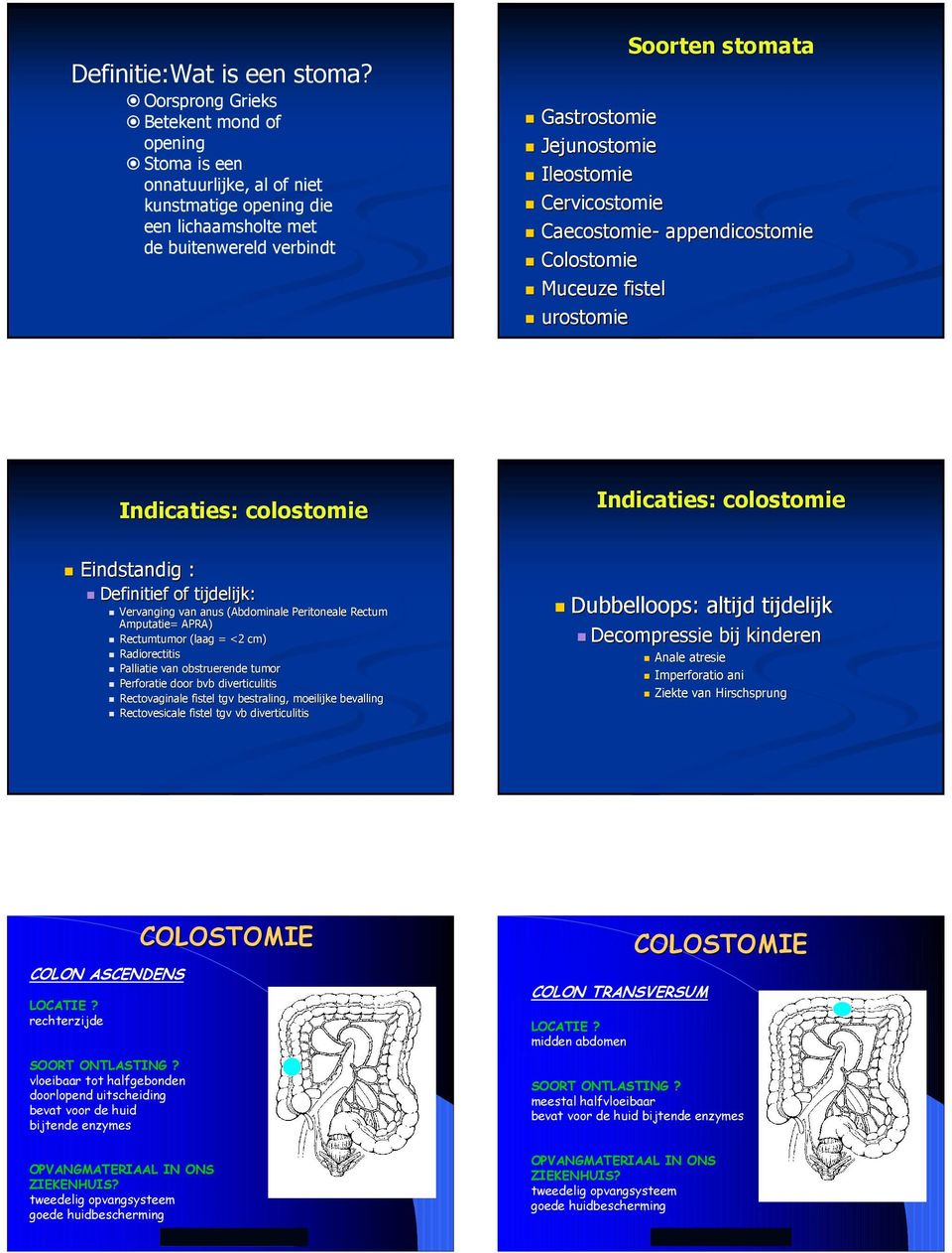 Ileostomie Cervicostomie Caecostomie- appendicostomie Colostomie Muceuze fistel urostomie Indicaties: colostomie Indicaties: colostomie Eindstandig : Definitief of tijdelijk: Vervanging van anus