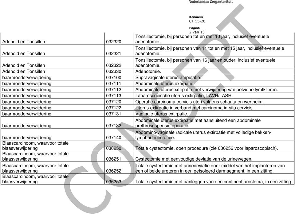 Adenoid en Tonsillen 032330 Adenotomie. baarmoederverwijdering 037100 Supravaginale uterus amputatie. baarmoederverwijdering 037111 Abdominale uterus extirpatie.