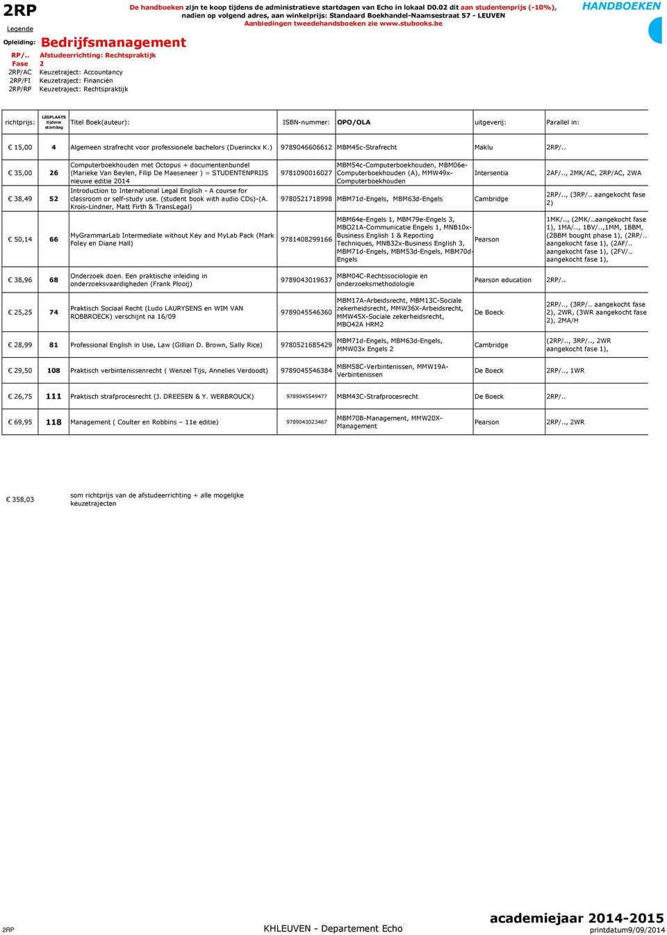 Echo in lokaal D0.02 dit aan studentenprijs (-10%), 15,00 4 Algemeen strafrecht voor professionele bachelors (Duerinckx K.) 9789046606612 MBM45c-Strafrecht Maklu 2RP/.