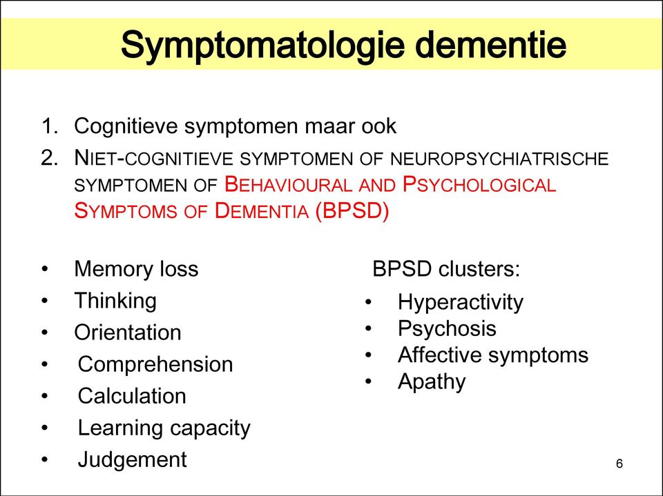 PSYCHOLOGICAL SYMPTOMS OF DEMENTIA (BPSD) Memory loss BPSD clusters: Thinking