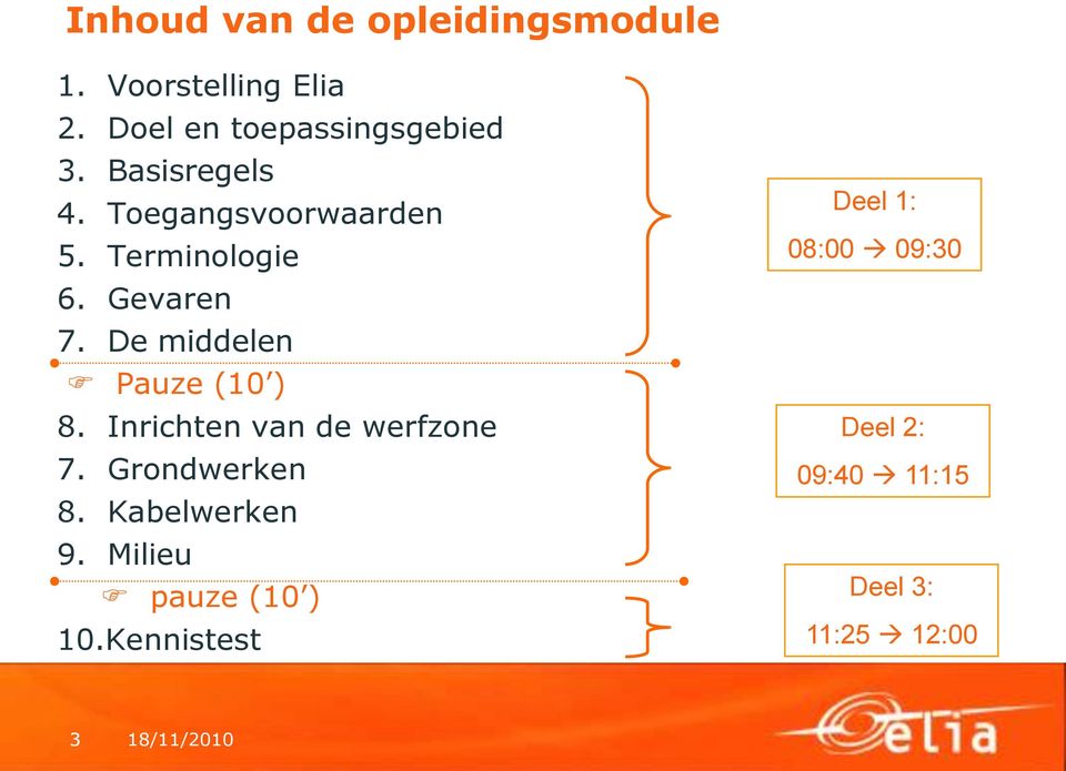 De middelen Pauze (10 ) 8. Inrichten van de werfzone 7. Grondwerken 8. Kabelwerken 9.