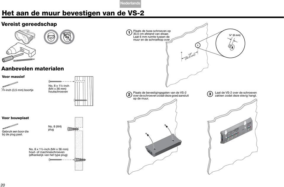 op 30,5 cm afstand van elkaar. Laat 6 mm ruimte tussen de muur en de schroefkop over. Aanbevolen materialen Voor massief 1 8-inch (3,5 mm) boortje No.