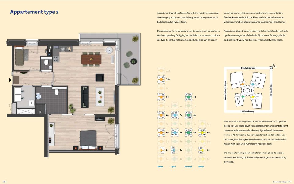 De woonkamer ligt in de breedte van de woning, met de keuken in een hoekopstelling. De ligging van het balkon is anders ten opzichte van type 1. Hier ligt het balkon aan de lange zijde van de kamer.