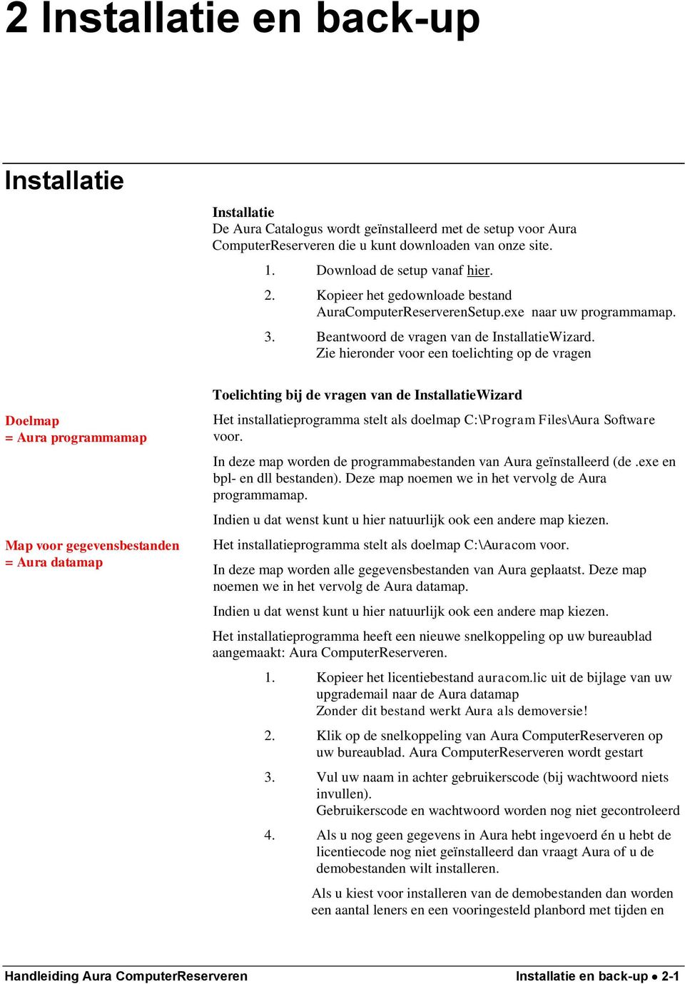 Zie hieronder voor een toelichting op de vragen Doelmap = Aura programmamap Map voor gegevensbestanden = Aura datamap Toelichting bij de vragen van de InstallatieWizard Het installatieprogramma stelt