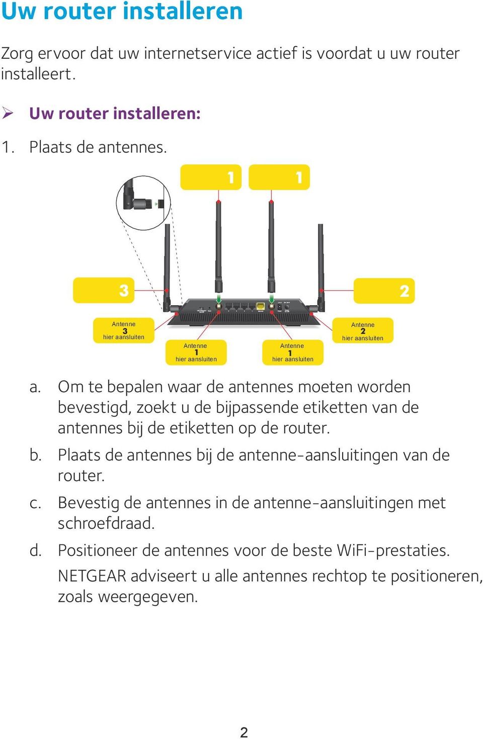 Om te bepalen waar de antennes moeten worden bevestigd, zoekt u de bijpassende etiketten van de antennes bij de etiketten op de router. b. Plaats de antennes bij de antenne-aansluitingen van de router.
