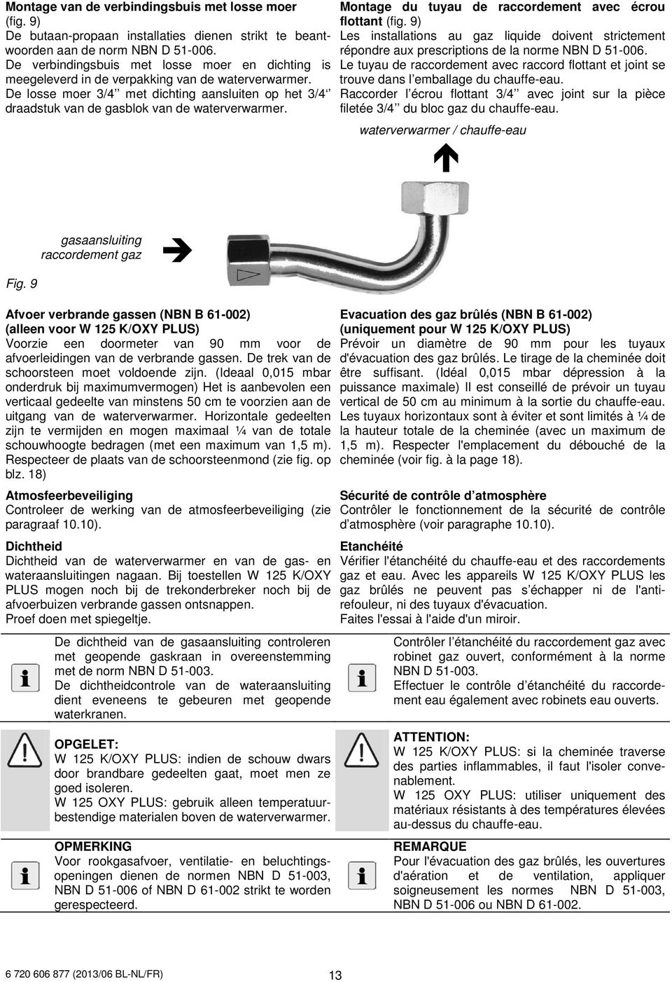 De losse moer 3/4 met dichting aansluiten op het 3/4 draadstuk van de gasblok van de waterverwarmer. Montage du tuyau de raccordement avec écrou flottant (fig.