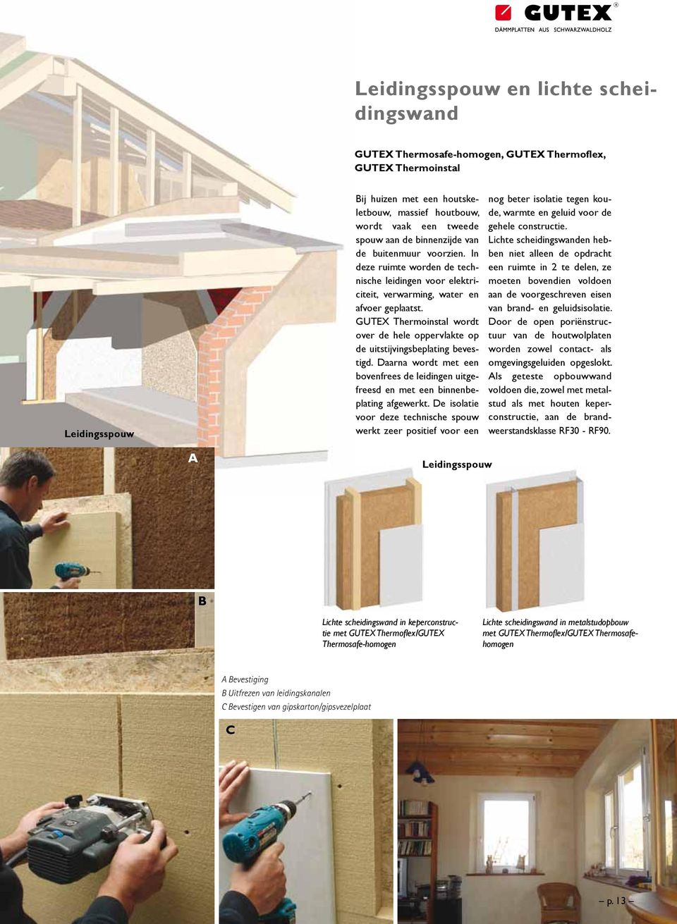 GUTX Thermoinstal wordt over de hele oppervlakte op de uitstijvingsbeplating bevestigd. Daarna wordt met een bovenfrees de leidingen uitgefreesd en met een binnenbeplating afgewerkt.