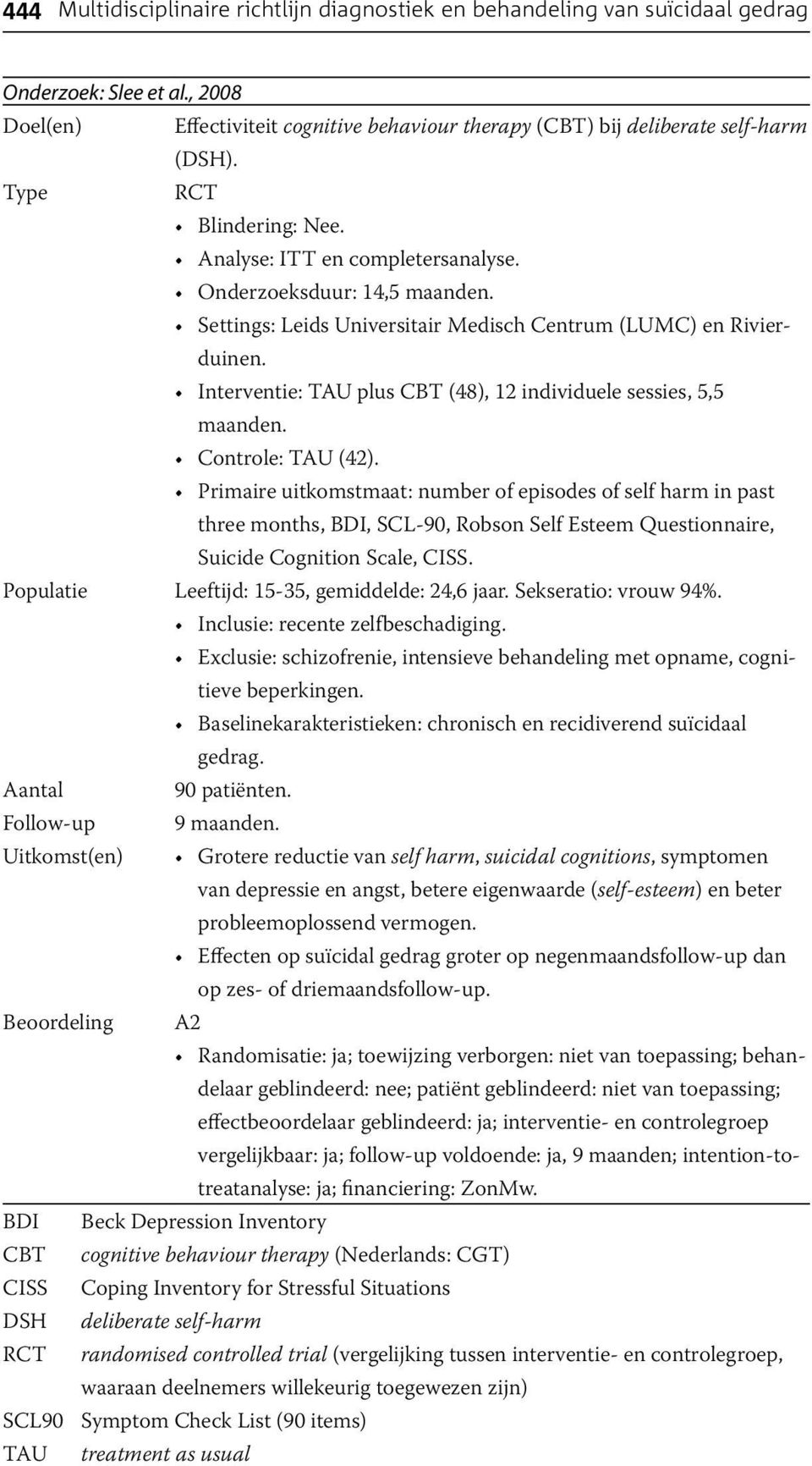 Interventie: TAU plus CBT (48), 12 individuele sessies, 5,5 maanden. Controle: TAU (42).