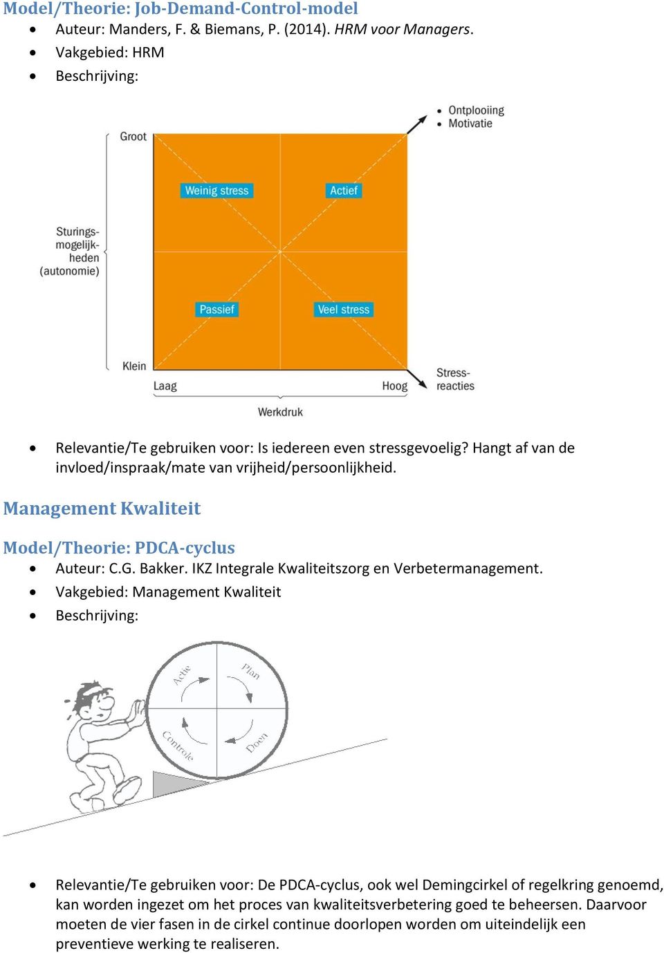 Management Kwaliteit Model/Theorie: PDCA-cyclus Auteur: C.G. Bakker. IKZ Integrale Kwaliteitszorg en Verbetermanagement.