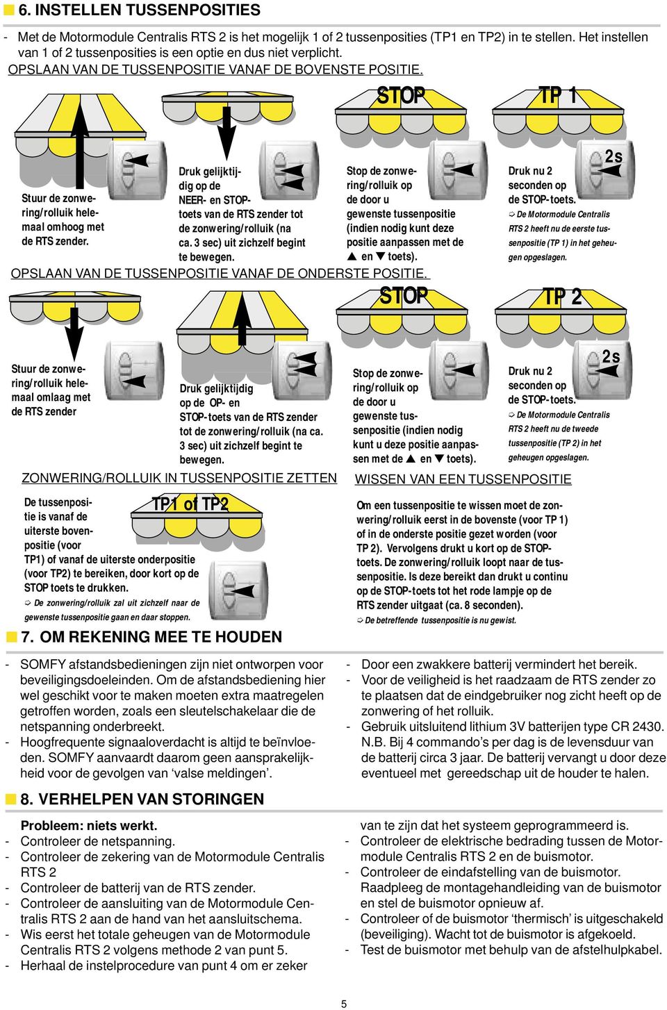 STOP TP 1 Stuur de zonwering/rolluik helemaal omhoog met de TS zender. Druk gelijktijdig op de NEE- en STOPtoets van de TS zender tot de zonwering/rolluik (na ca.