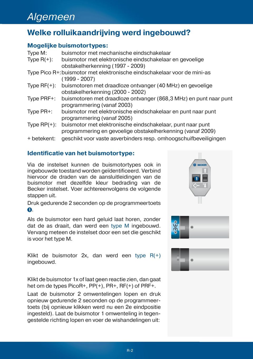 met elektronische eindschakelaar voor de mini-as (1999-2007) Type RF(+): buismotoren met draadloze ontvanger (40 MHz) en gevoelige obstakelherkenning (2000-2002) Type PRF+: buismotoren met draadloze