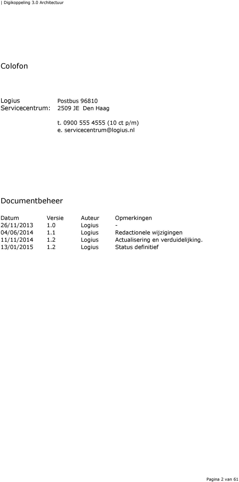 nl Documentbeheer Datum Versie Auteur Opmerkingen 26/11/2013 1.0 Logius - 04/06/2014 1.