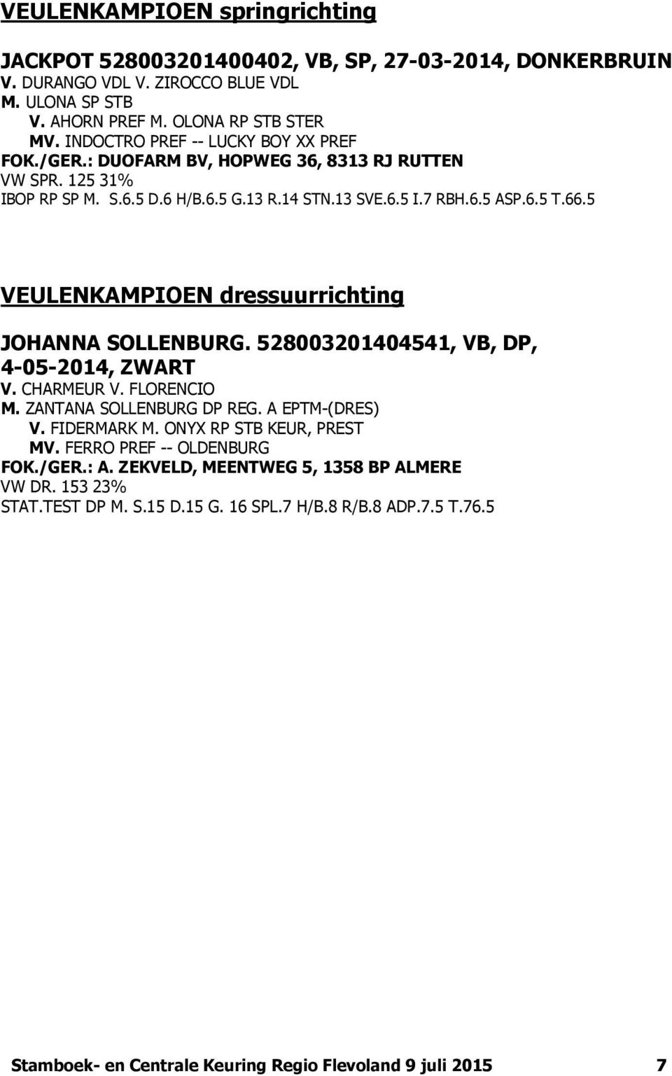 5 VEULENKAMPIOEN dressuurrichting JOHANNA SOLLENBURG. 528003201404541, VB, DP, 4-05-2014, ZWART V. CHARMEUR V. FLORENCIO M. ZANTANA SOLLENBURG DP REG. A EPTM-(DRES) V. FIDERMARK M.