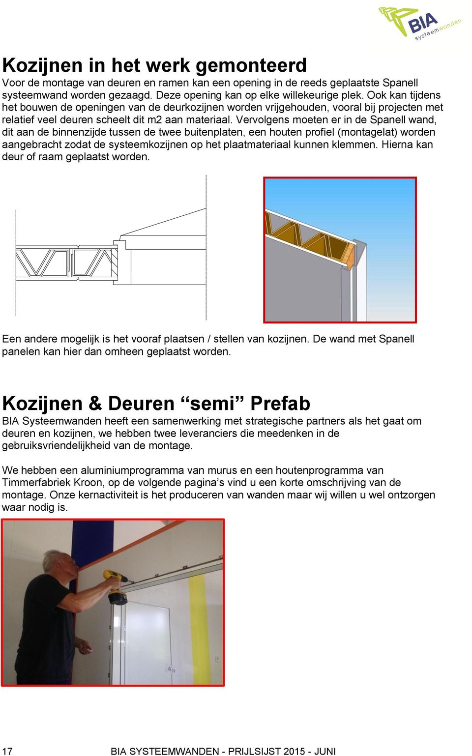 Vervolgens moeten er in de Spanell wand, dit aan de binnenzijde tussen de twee buitenplaten, een houten profiel (montagelat) worden aangebracht zodat de systeemkozijnen op het plaatmateriaal kunnen