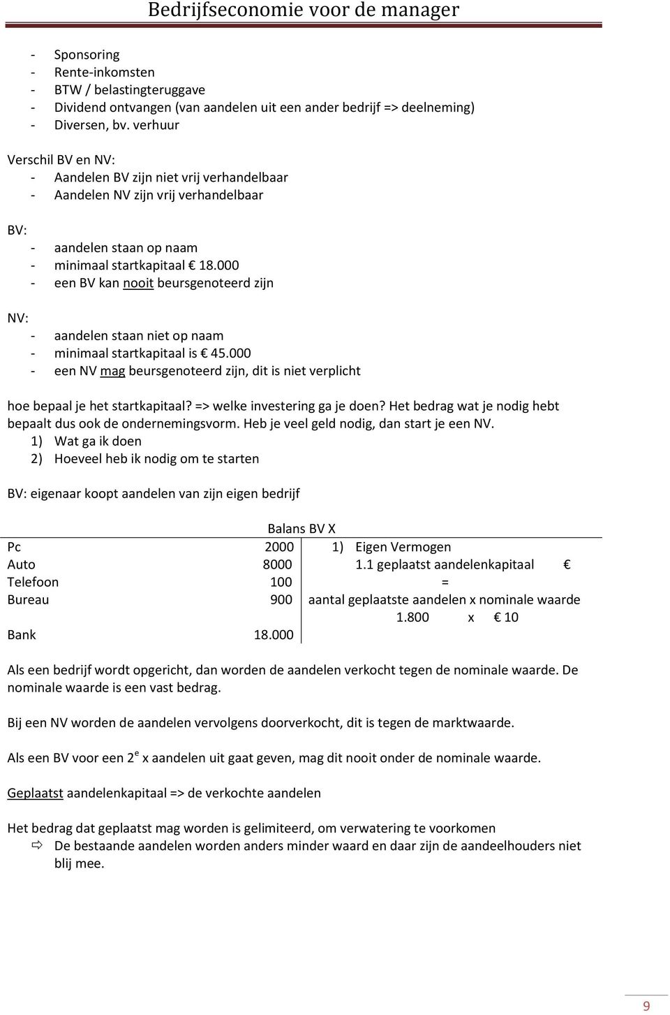 000 - een BV kan nooit beursgenoteerd zijn NV: - aandelen staan niet op naam - minimaal startkapitaal is 45.000 - een NV mag beursgenoteerd zijn, dit is niet verplicht hoe bepaal je het startkapitaal?