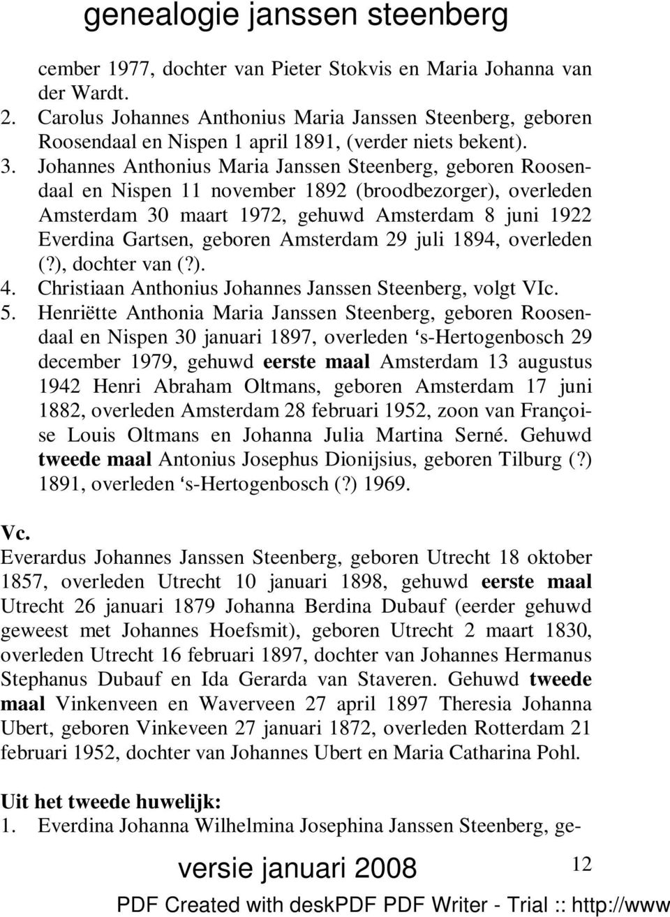 Amsterdam 29 juli 1894, overleden (?), dochter van (?). 4. Christiaan Anthonius Johannes Janssen Steenberg, volgt VIc. 5.
