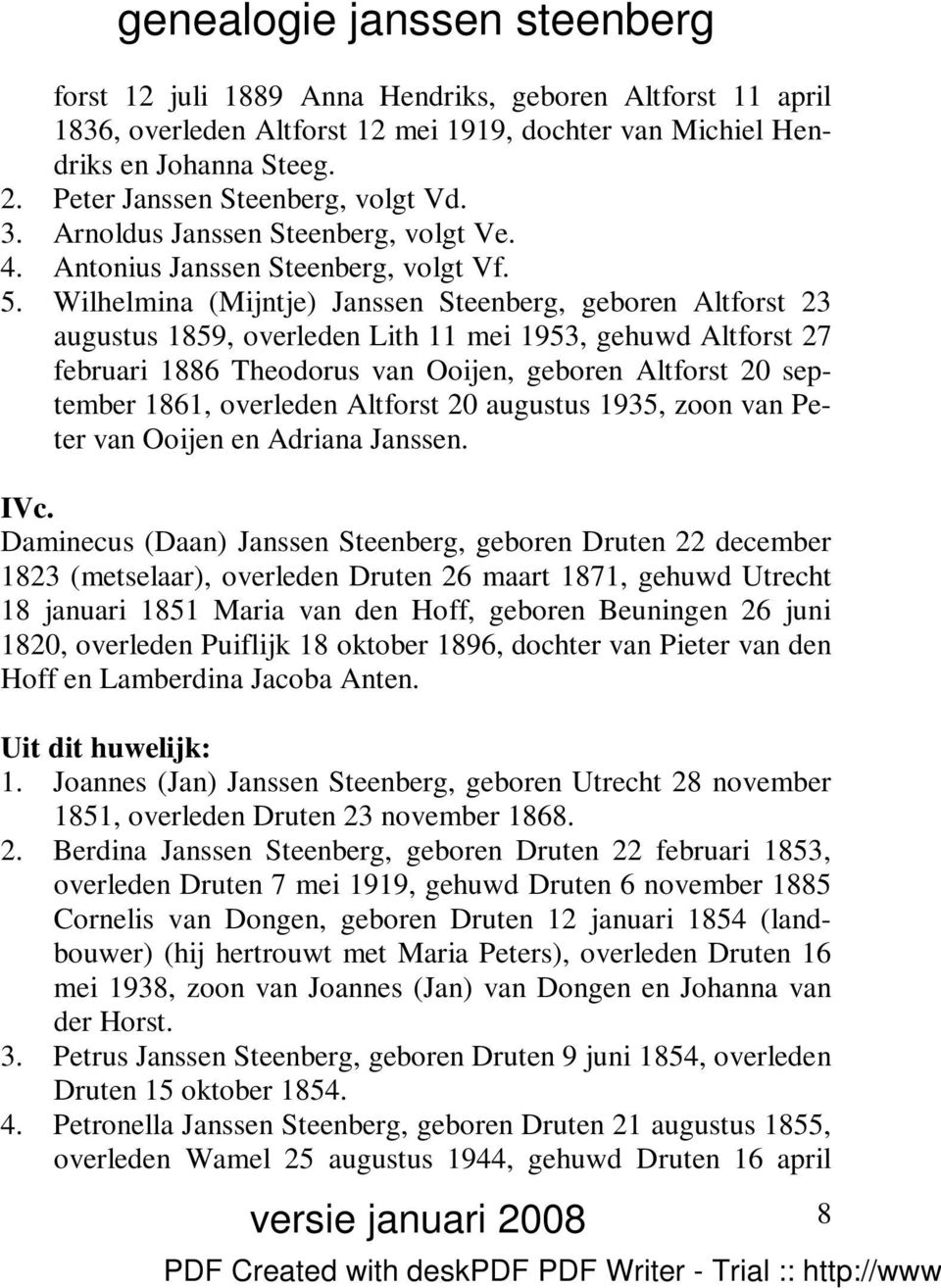 Wilhelmina (Mijntje) Janssen Steenberg, geboren Altforst 23 augustus 1859, overleden Lith 11 mei 1953, gehuwd Altforst 27 februari 1886 Theodorus van Ooijen, geboren Altforst 20 september 1861,