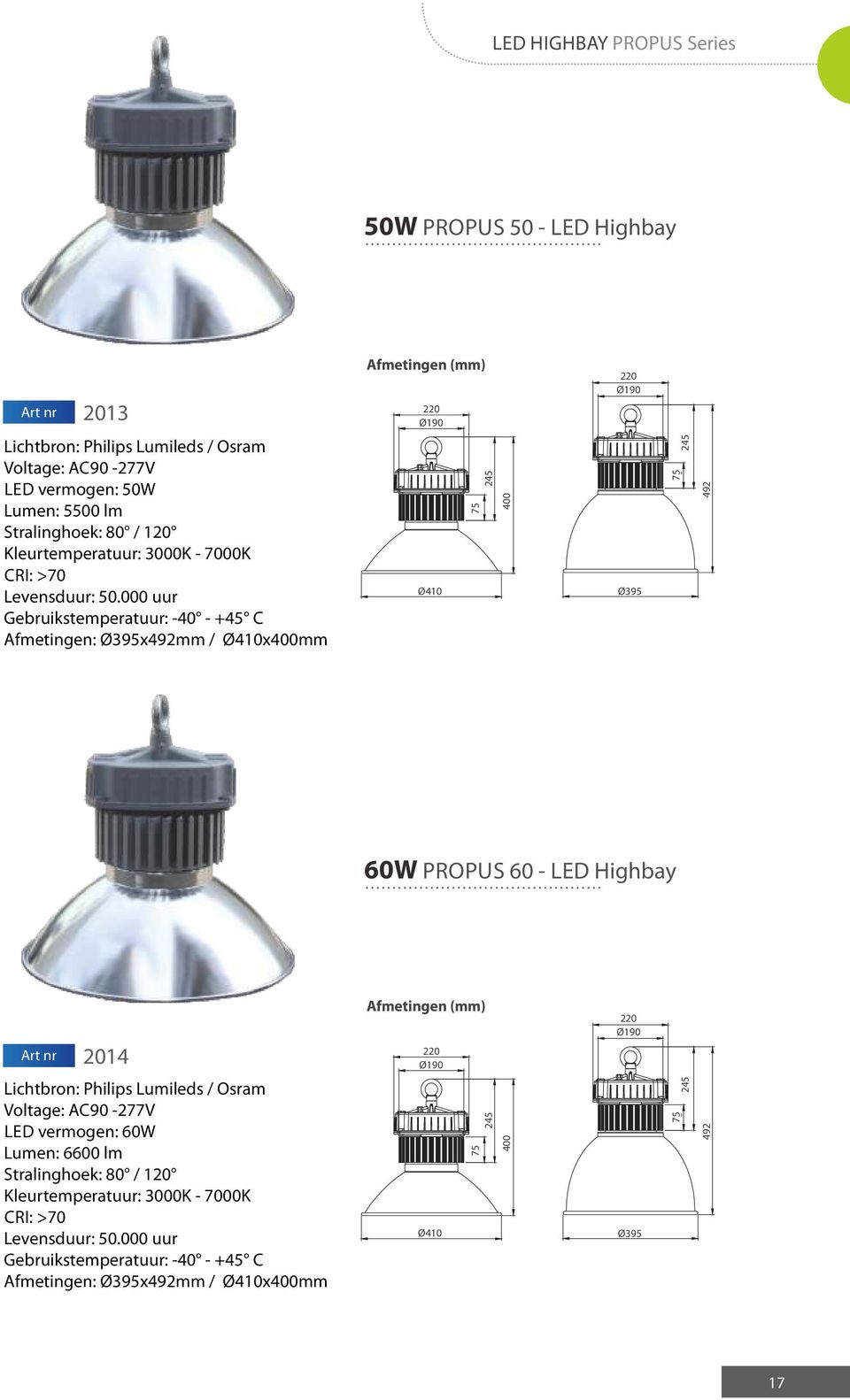 Ø395 75 245 492 60W PROPUS 60 - LED Highbay 2014 Lichtbron: Philips Lumileds / Osram Voltage: AC90-277V LED vermogen: 60W Lumen: 6600 lm Stralinghoek: 80 /  Ø395 75