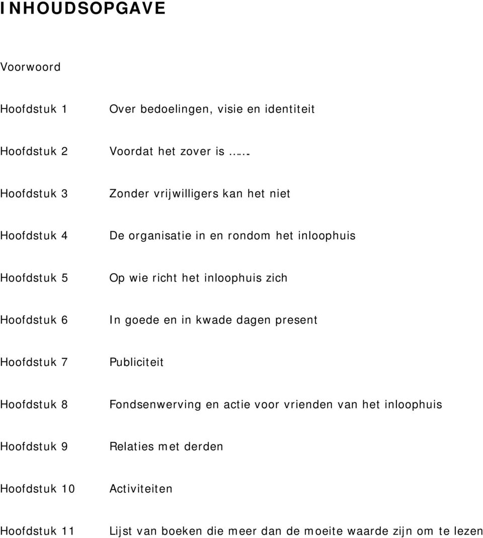 inloophuis zich Hoofdstuk 6 In goede en in kwade dagen present Hoofdstuk 7 Publiciteit Hoofdstuk 8 Fondsenwerving en actie voor