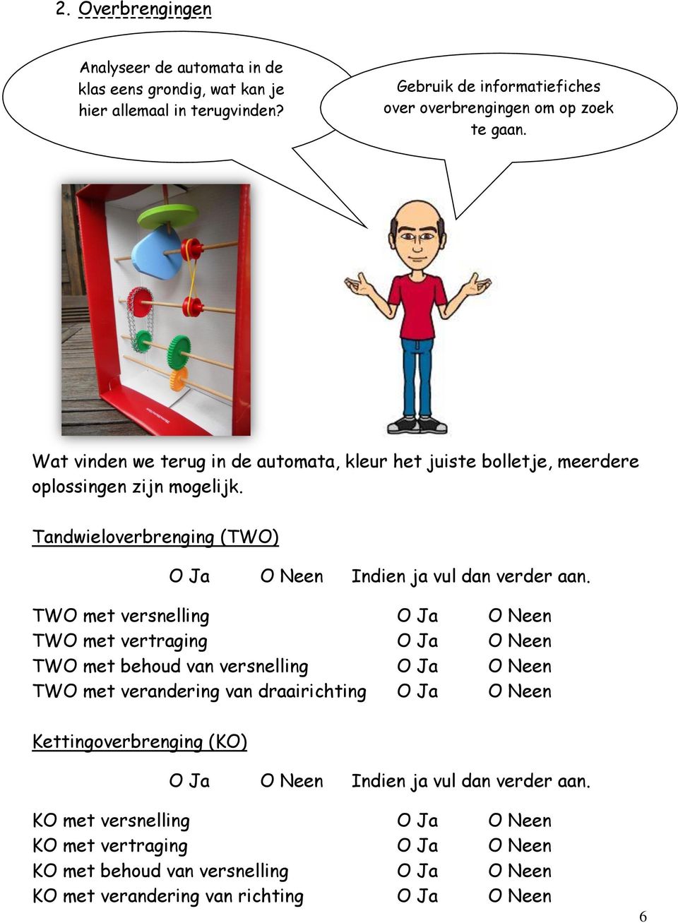 TWO met versnelling O Ja O Neen TWO met vertraging O Ja O Neen TWO met behoud van versnelling O Ja O Neen TWO met verandering van draairichting O Ja O Neen Kettingoverbrenging