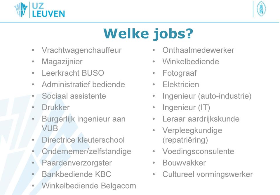 ingenieur aan VUB Directrice kleuterschool Ondernemer/zelfstandige Paardenverzorgster Bankbediende KBC