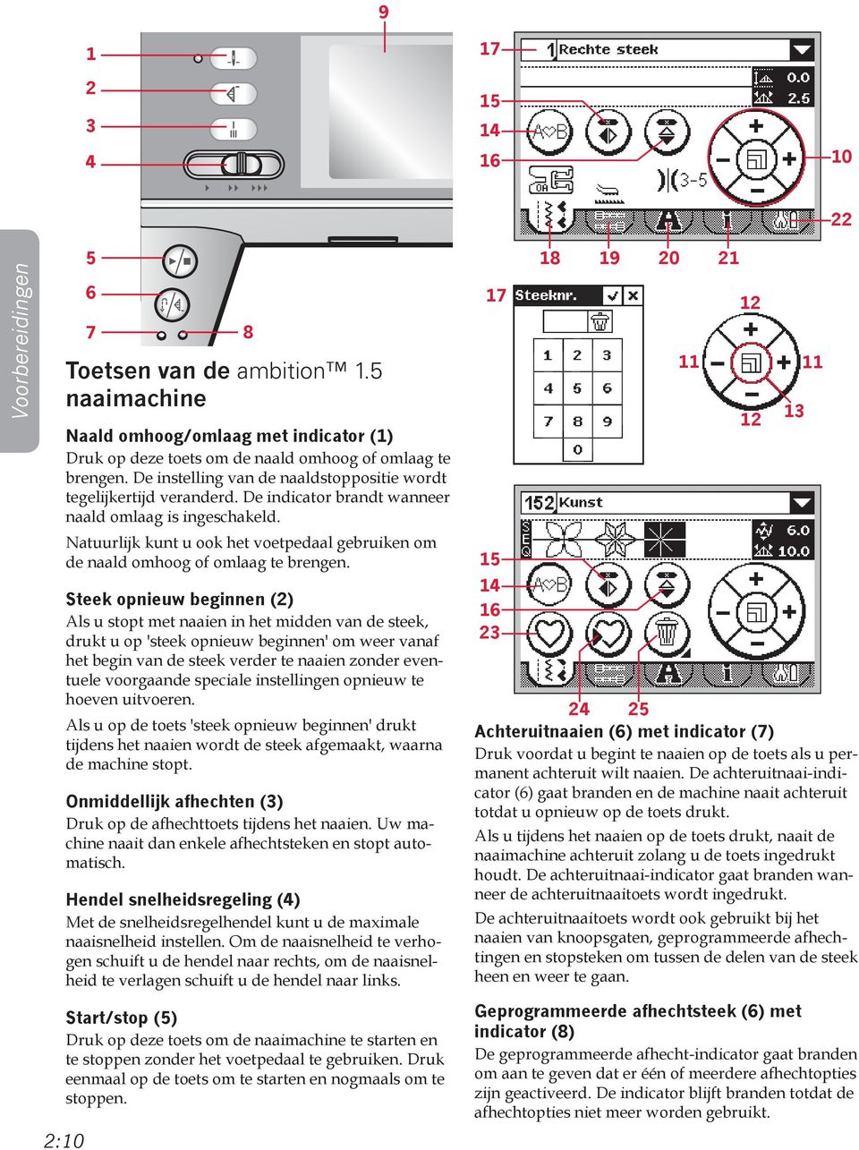 Natuurlijk kunt u ook het voetpedaal gebruiken om de naald omhoog of omlaag te brengen.