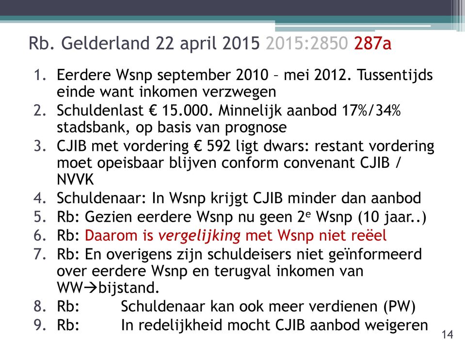 Schuldenaar: In Wsnp krijgt CJIB minder dan aanbod 5. Rb: Gezien eerdere Wsnp nu geen 2 e Wsnp (10 jaar..) 6. Rb: Daarom is vergelijking met Wsnp niet reëel 7.