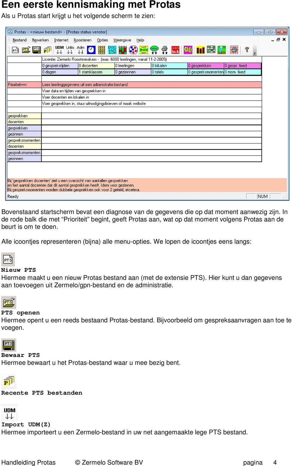 We lopen de icoontjes eens langs: Nieuw PTS Hiermee maakt u een nieuw Protas bestand aan (met de extensie PTS). Hier kunt u dan gegevens aan toevoegen uit Zermelo/gpn-bestand en de administratie.