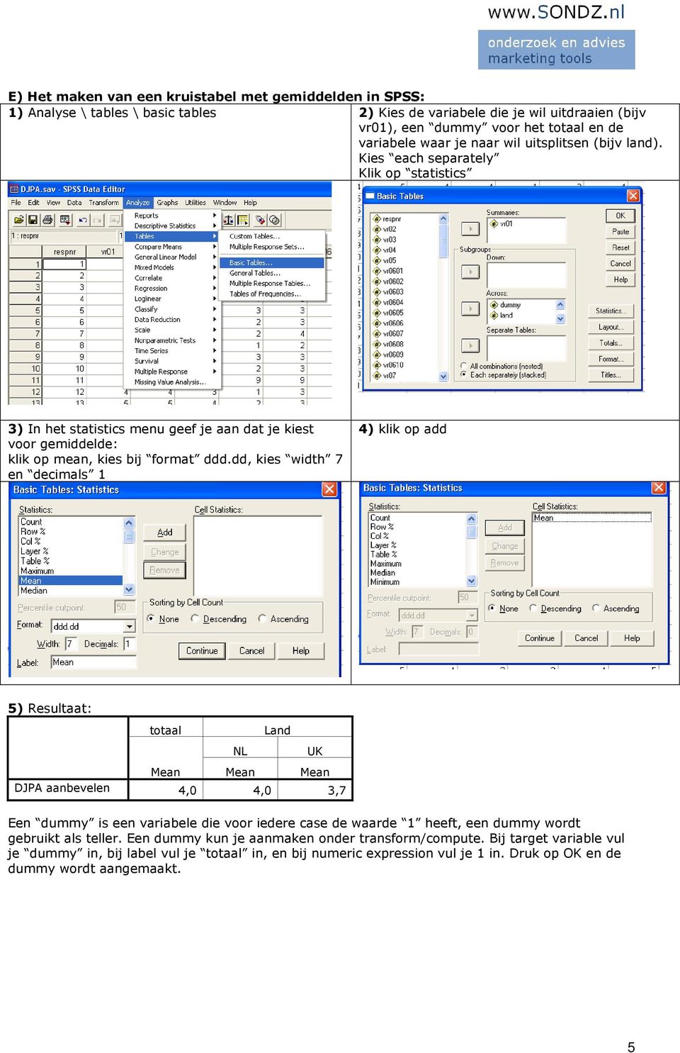 dd, kies width 7 en decimals 1 4) klik op add 5) Resultaat: totaal Land NL UK Mean Mean Mean DJPA aanbevelen 4,0 4,0 3,7 Een dummy is een variabele die voor iedere case de waarde 1 heeft, een dummy