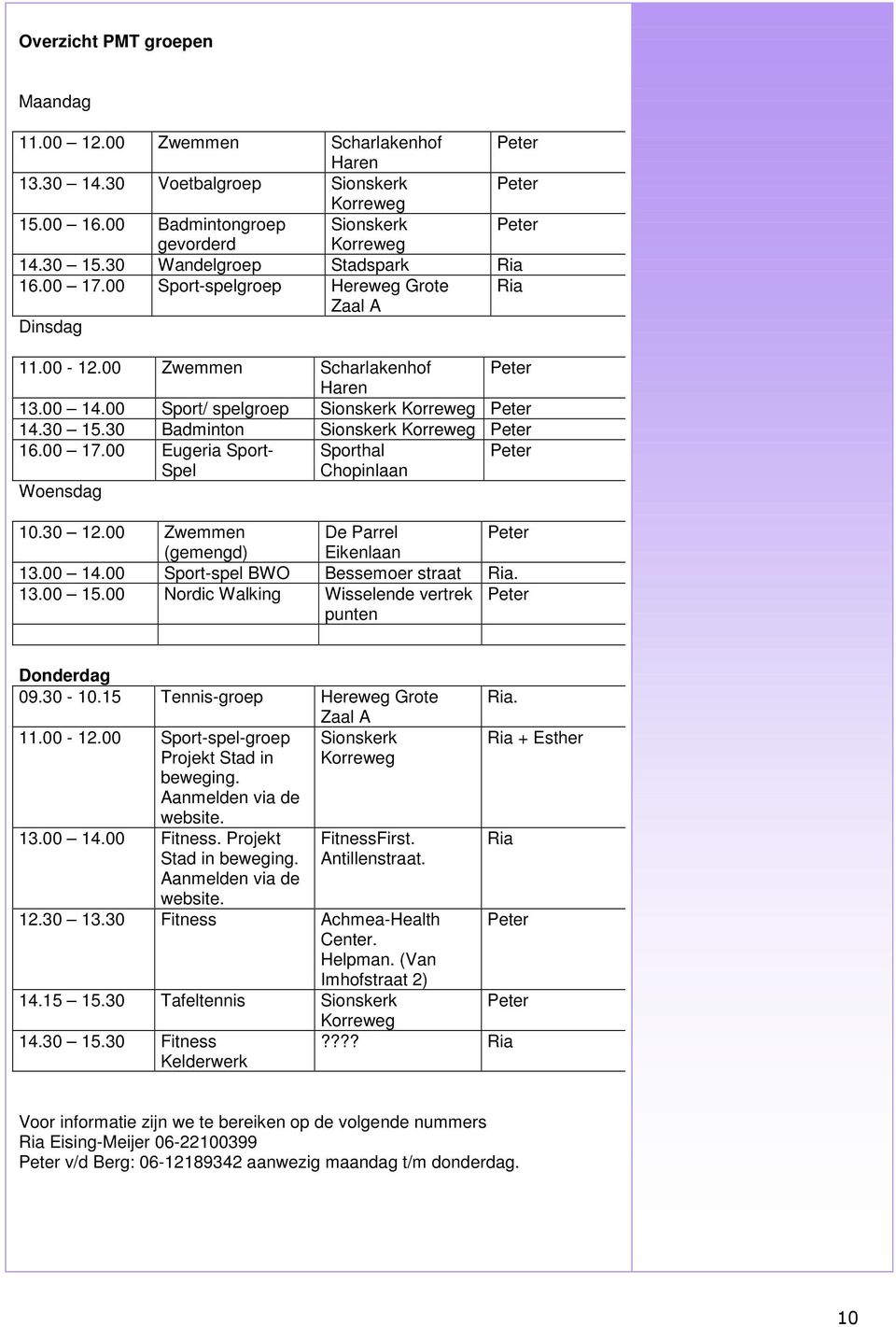 30 Badminton Sionskerk Korreweg Peter 16.00 17.00 Eugeria Sport- Sporthal Peter Spel Chopinlaan Woensdag 10.30 12.00 Zwemmen De Parrel Peter (gemengd) Eikenlaan 13.00 14.