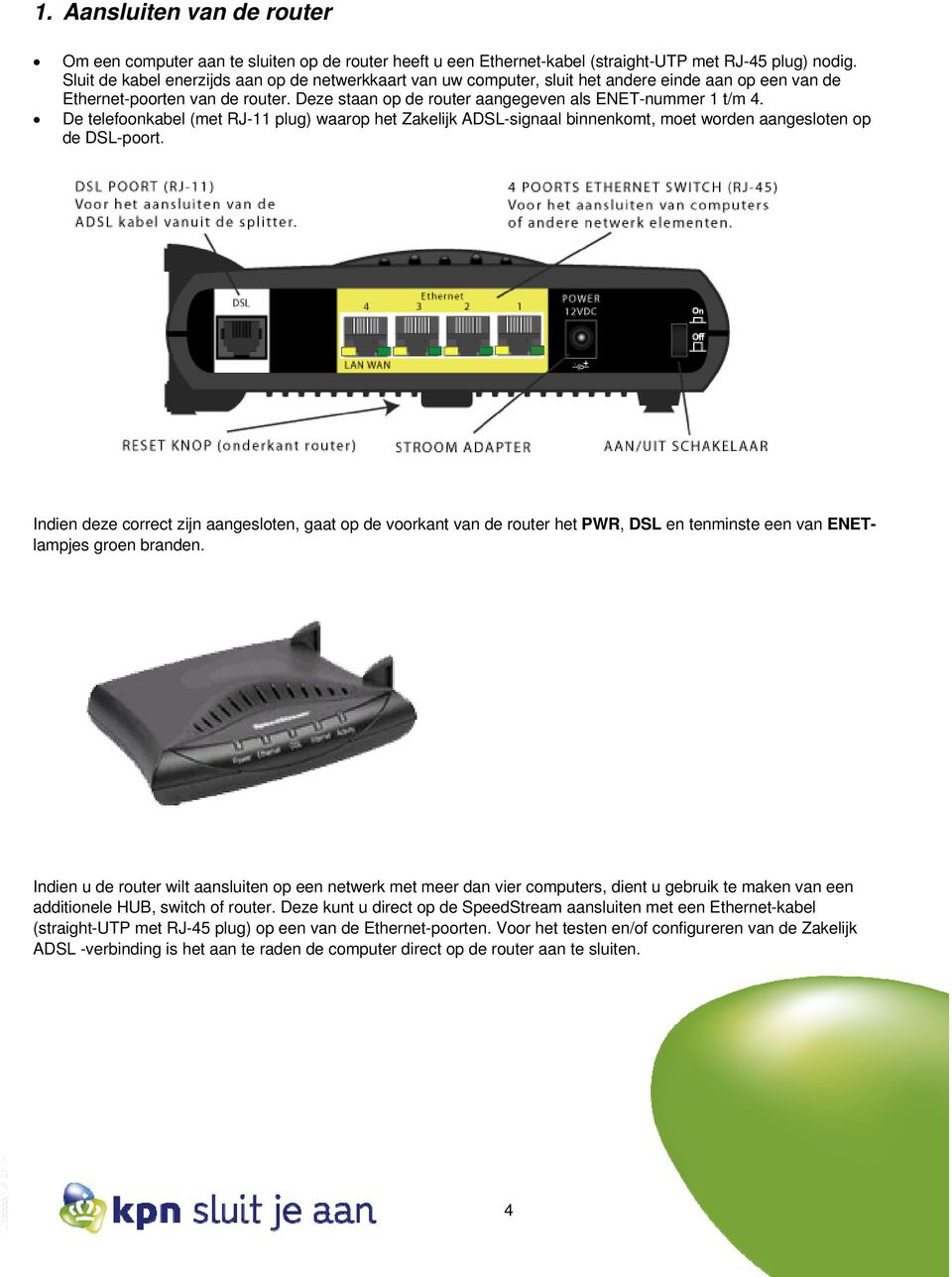 De telefoonkabel (met RJ-11 plug) waarop het Zakelijk ADSL-signaal binnenkomt, moet worden aangesloten op de DSL-poort.