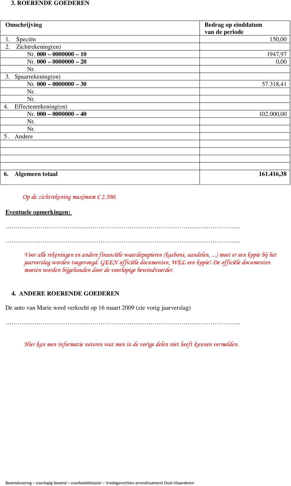 Eventuele opmerkingen: Voor alle rekeningen en andere financiële waardepapieren (kasbons, aandelen,...) moet er een kopie bij het jaarverslag worden toegevoegd.