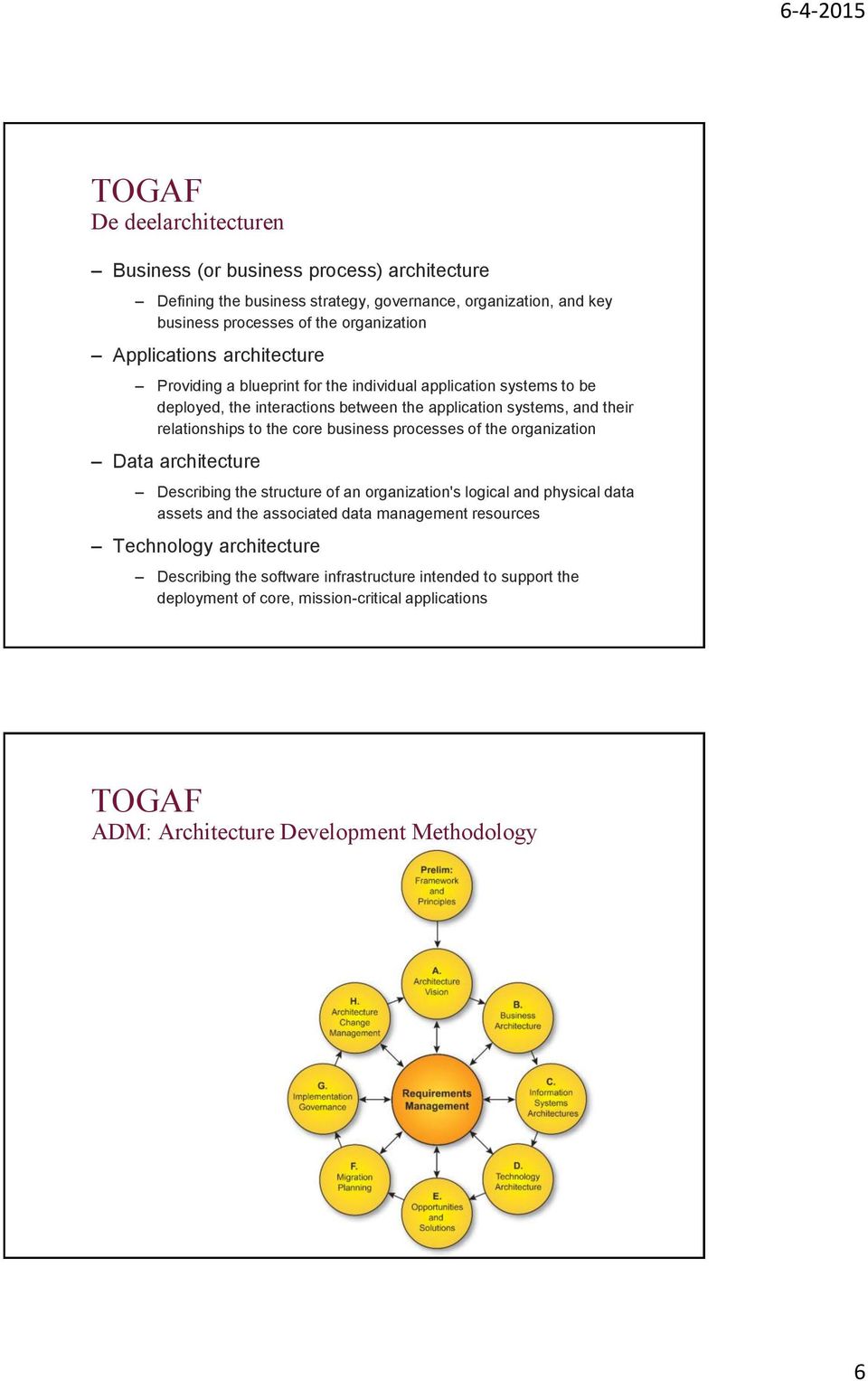 the core business processes of the organization Data architecture Describing the structure of an organization's logical and physical data assets and the associated data management