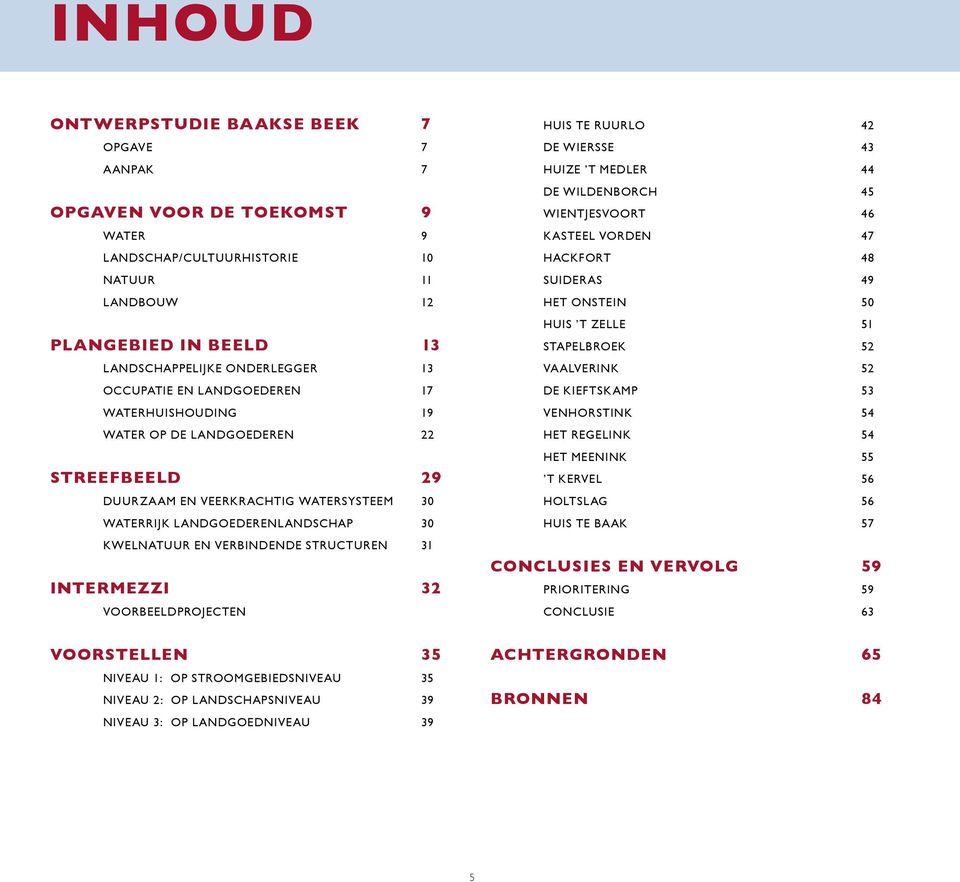 STRUCTUREN 31 INTERMEZZI 32 VOORBEELDPROJECTEN VOORSTELLEN 35 NIVEAU 1: OP STROOMGEBIEDSNIVEAU 35 NIVEAU 2: OP LANDSCHAPSNIVEAU 39 NIVEAU 3: OP LANDGOEDNIVEAU 39 HUIS TE RUURLO 42 DE WIERSSE 43 HUIZE