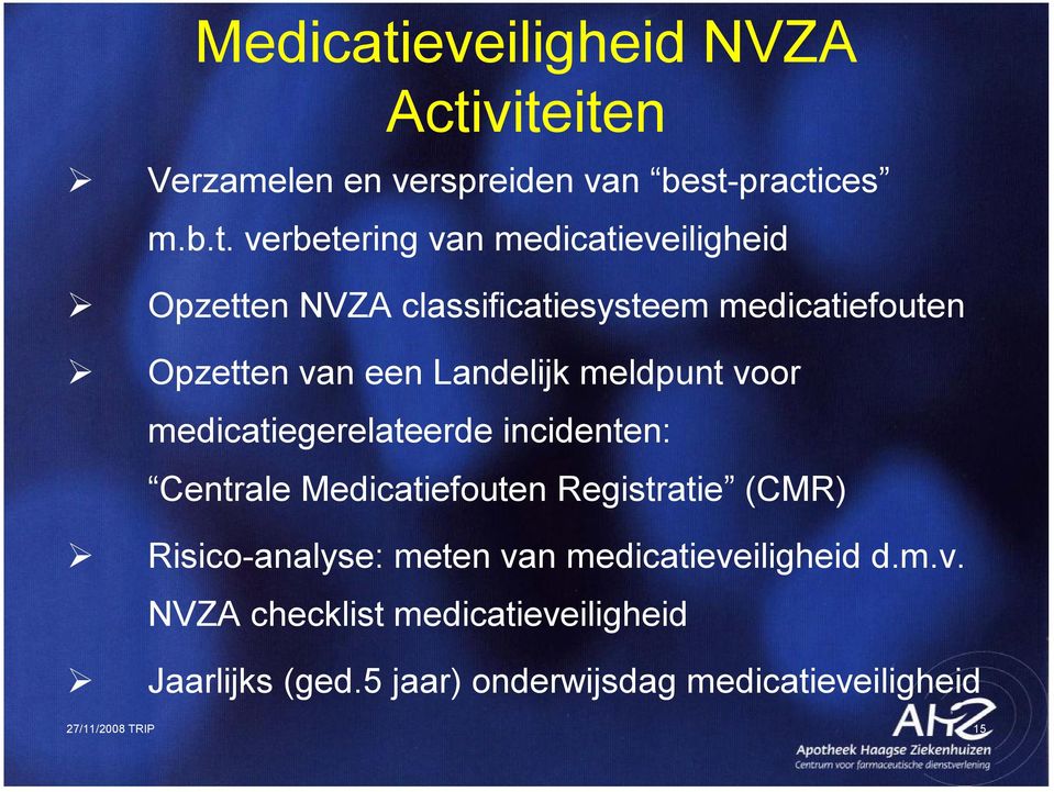 viteiten Verzamelen en verspreiden van best practices m.b.t. verbetering van medicatieveiligheid Opzetten NVZA