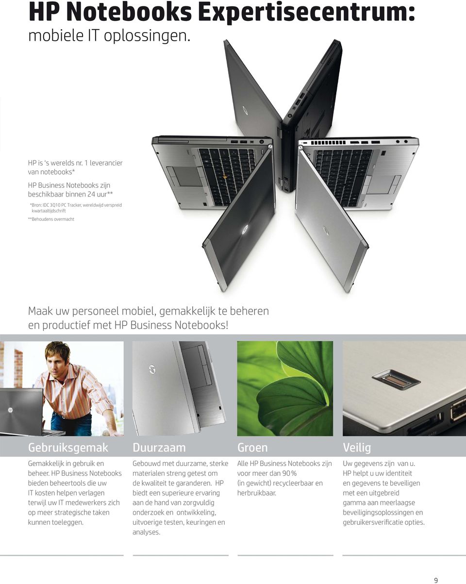 mobiel, gemakkelijk te beheren en productief met HP Business Notebooks! Gebruiksgemak Duurzaam Groen Veilig Gemakkelijk in gebruik en beheer.