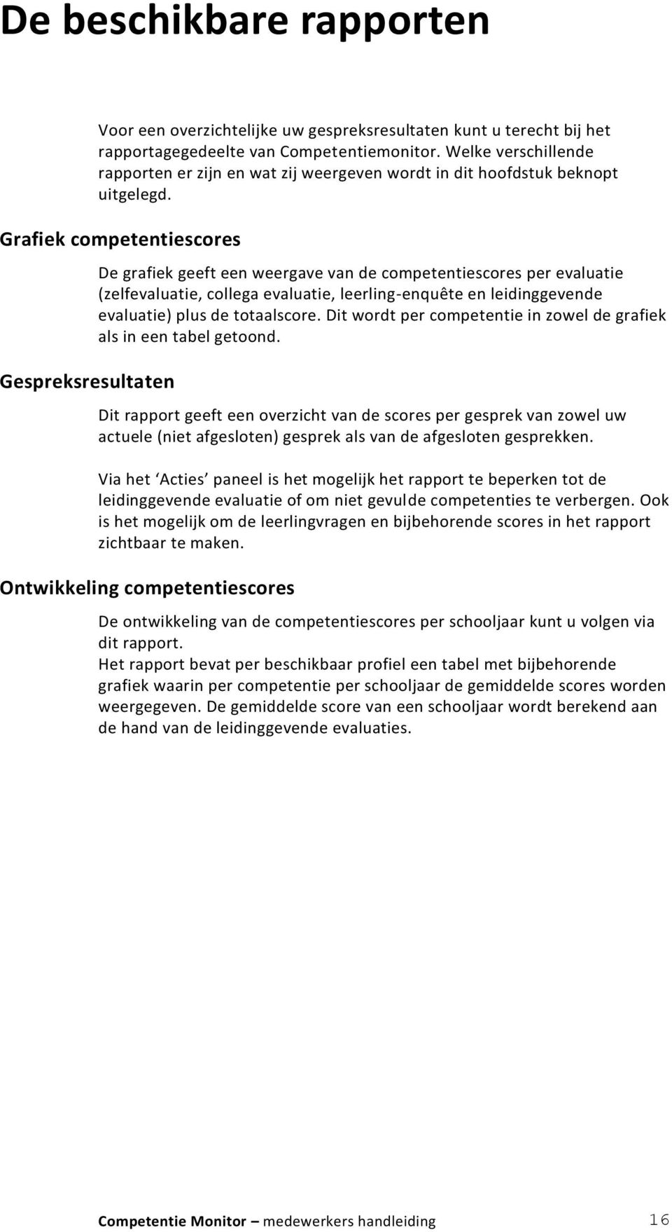 Grafiek competentiescores Gespreksresultaten De grafiek geeft een weergave van de competentiescores per evaluatie (zelfevaluatie, collega evaluatie, leerling-enquête en leidinggevende evaluatie) plus