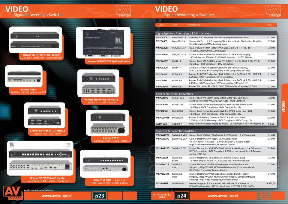 Composite/SDI + Stereo Audio Distribution Amplifier, High Bandwith 340Mhz, Looping input VISPDA4VG VGA/HD15 1:4 Kramer Tools VP400N Actieve VGA Videosplitter 1 -> 4 (HD-15) Tot WUXGA resolutie (1.